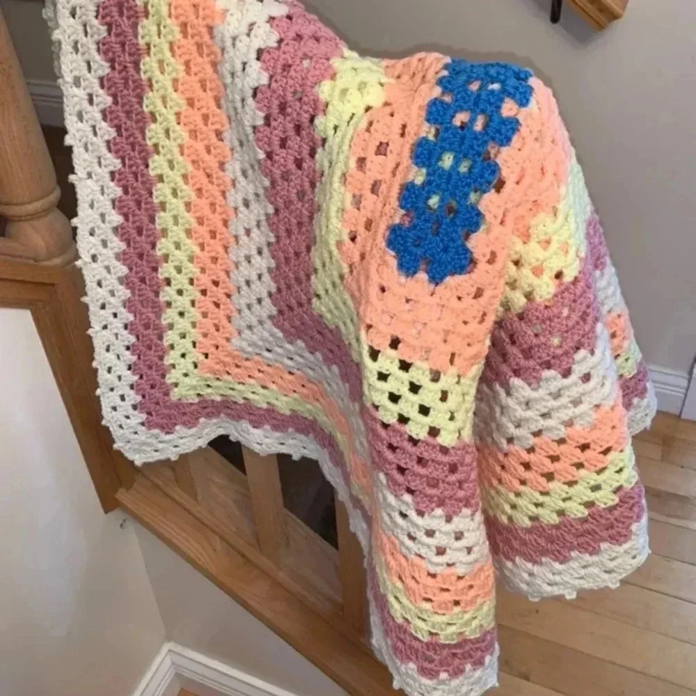 Handmade Crocheted Afghan Crib Or Lap Blanket 34x 58” Peach Purple Blue